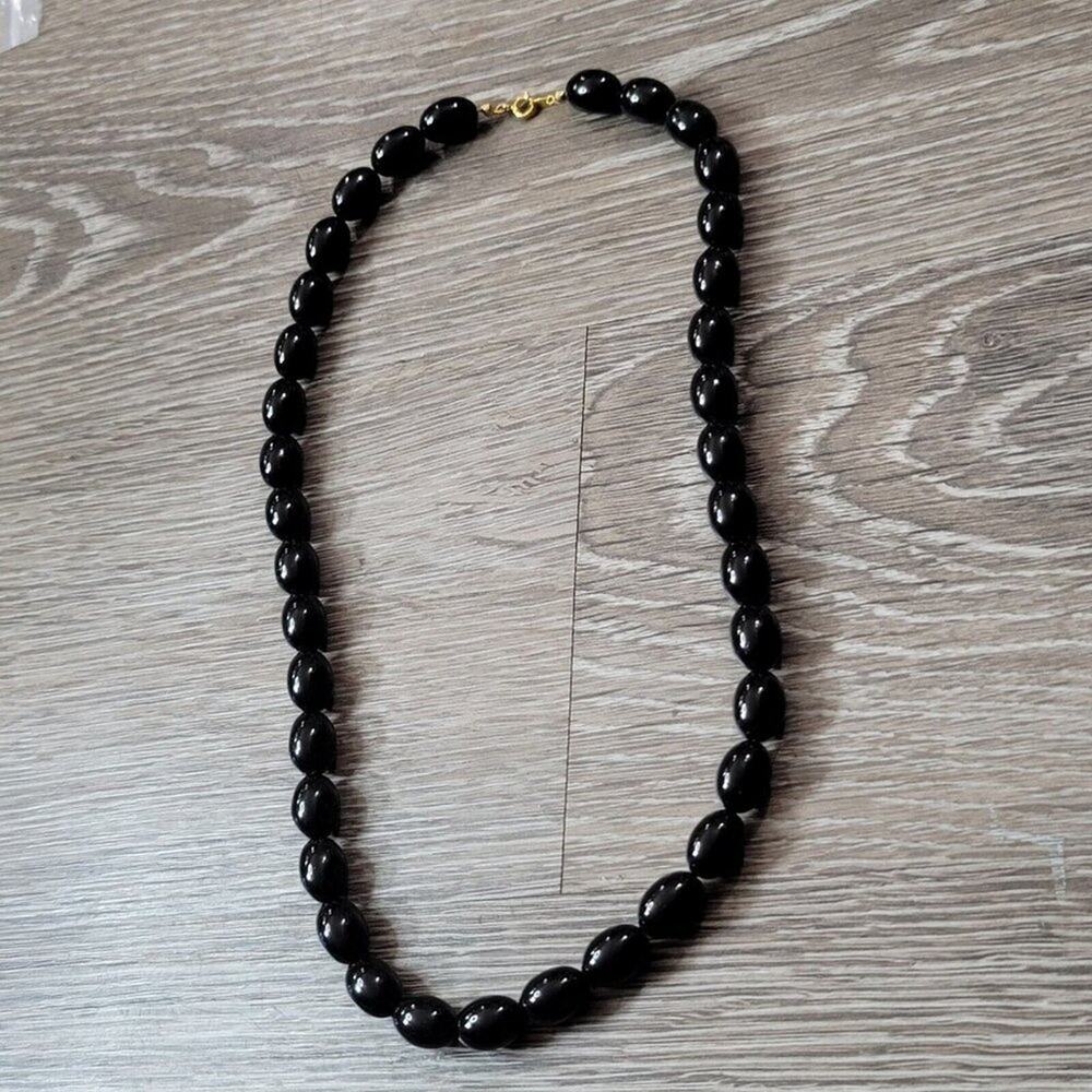 Vintage Trifari Black Lucite Beaded Necklace Gold Tone Toggle Clasp Strand 28"